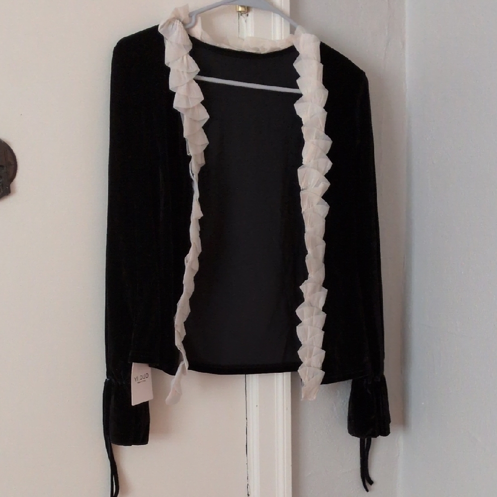 Black Velvet Cardigan with White Trim